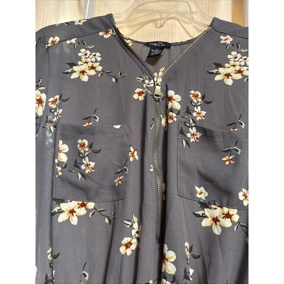 Rue 21 Womans Top Tunic XL Gray Cream Floral Convert Sleeve Zip Elastic Waist - Picture 5 of 6